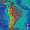 Researchers created a three-dimensional representation of predicted slab geometry and mantle flow. The image outlines areas with a temperature at 300 degrees Celsius cooler than the surrounding mantle, with different colors representing different depths. Oceanic plates and slabs are semi-transparent, and continents are entirely transparent. Green arrows represent velocity vectors inside the mantle.